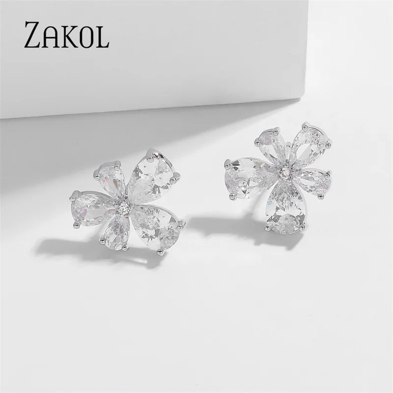 ZAKOL Romantic Pink Cherry Blossoms Stud Earrings for Women Shinny Cubic Zirconia Flower Earring Girls Party Jewelry