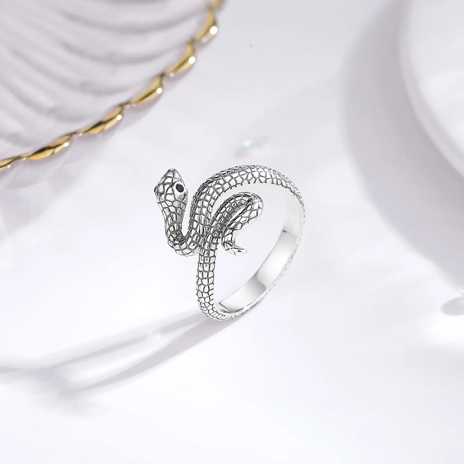 Eudora 925 Sterling Silver Snake Adjustable Ring Black Zircon Retro Textures Cobra Ring Personalized Jewelry Gift for Women Man