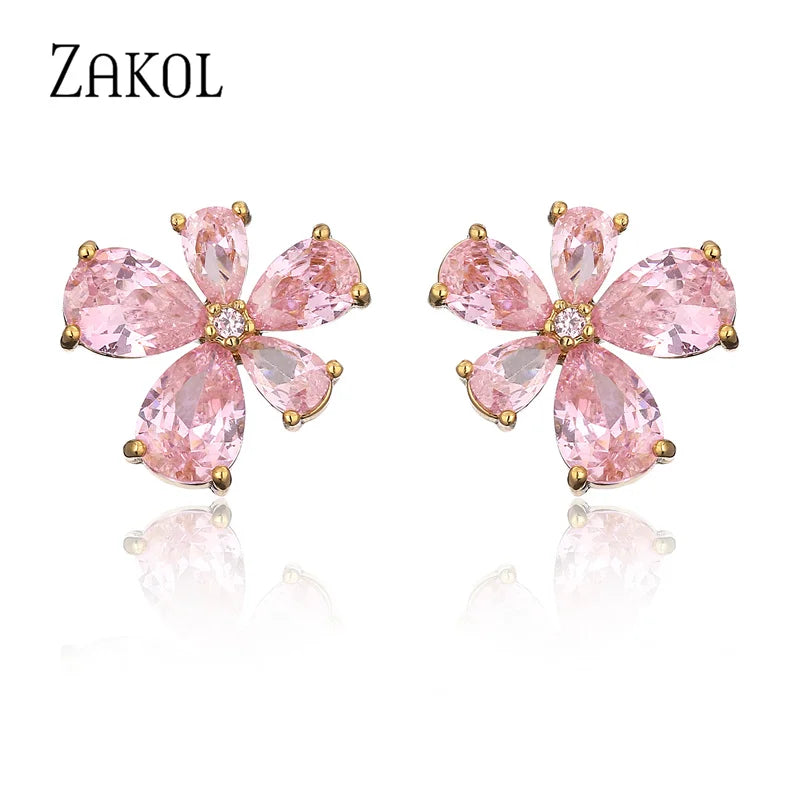 ZAKOL Romantic Pink Cherry Blossoms Stud Earrings for Women Shinny Cubic Zirconia Flower Earring Girls Party Jewelry