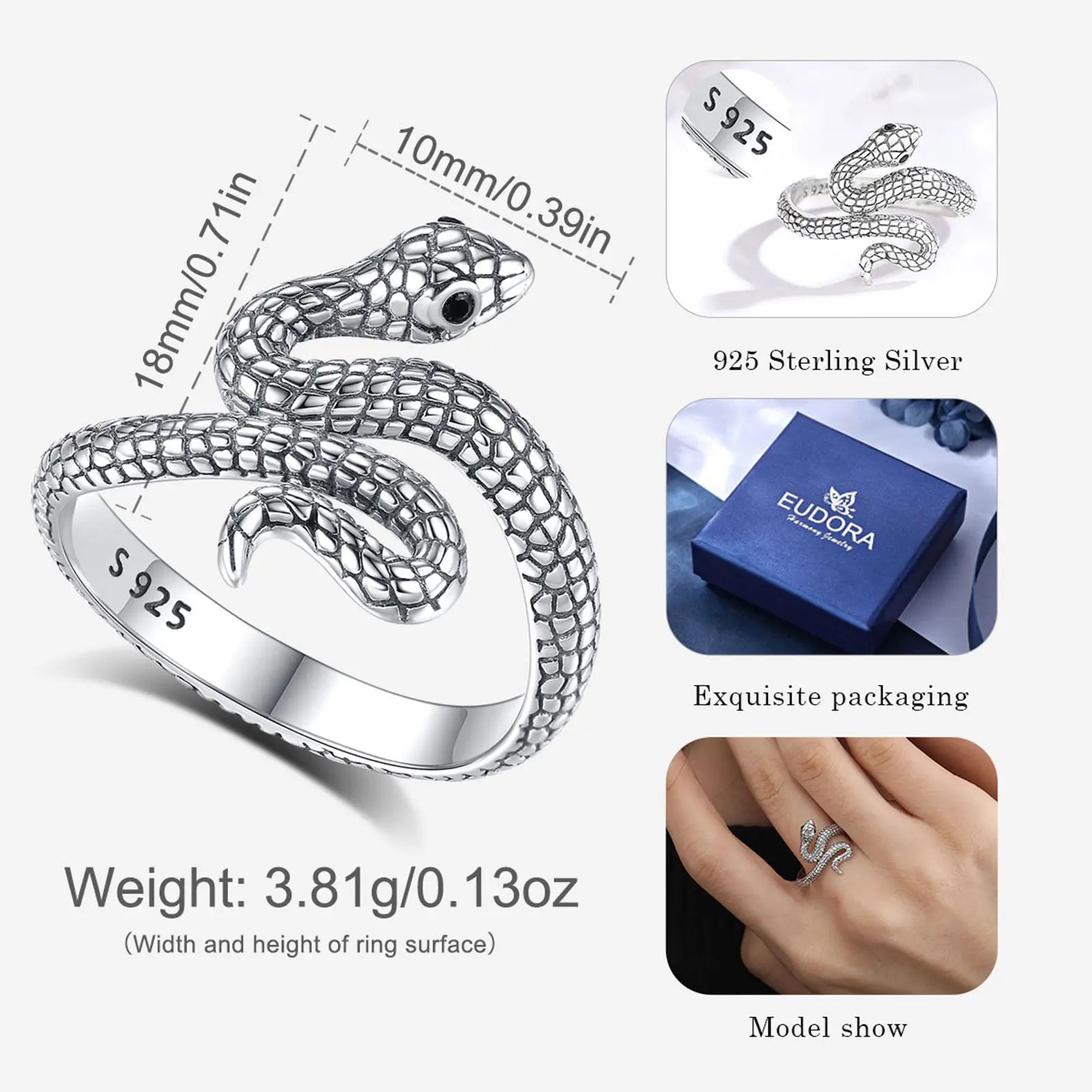 Eudora 925 Sterling Silver Snake Adjustable Ring Black Zircon Retro Textures Cobra Ring Personalized Jewelry Gift for Women Man