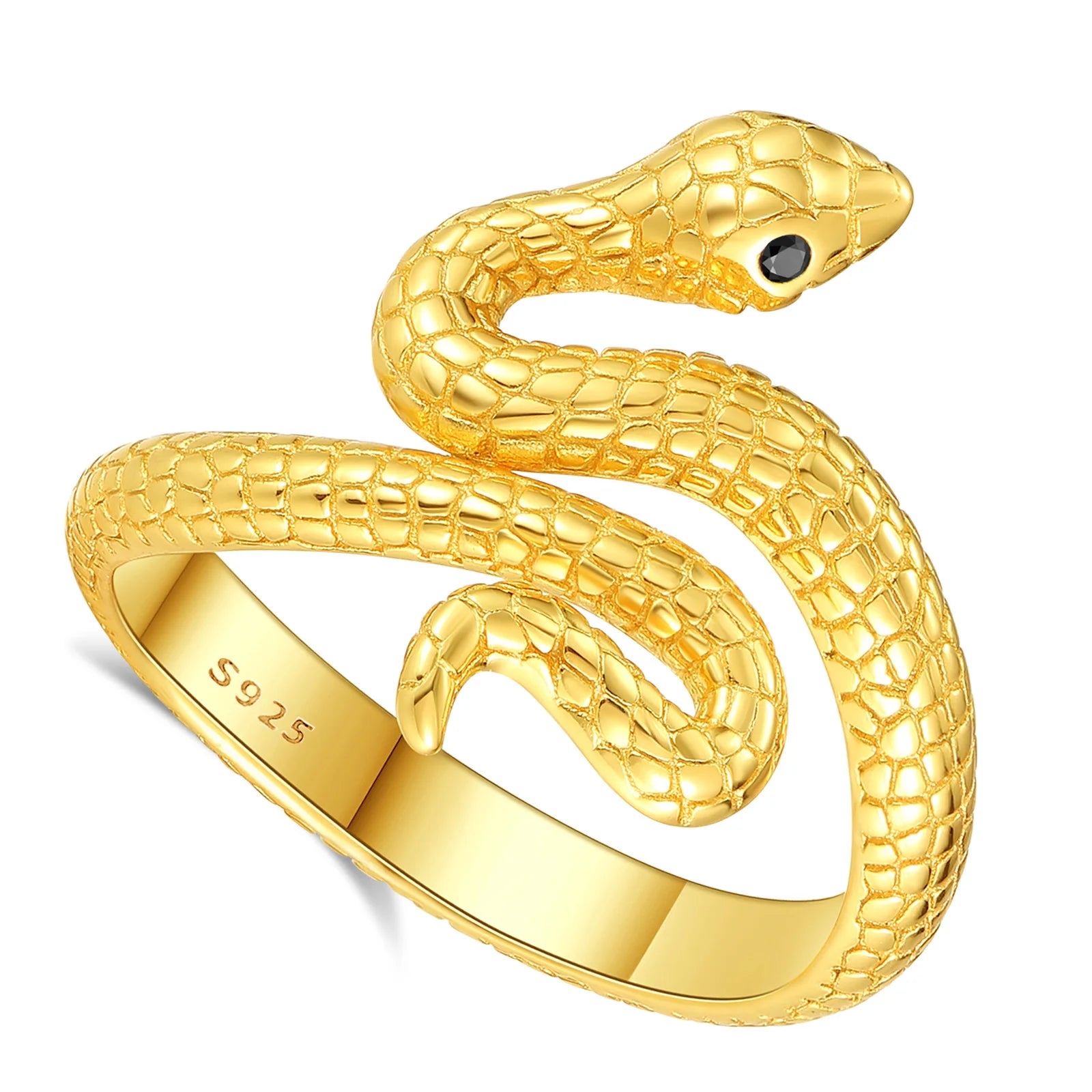 Eudora 925 Sterling Silver Snake Adjustable Ring Black Zircon Retro Textures Cobra Ring Personalized Jewelry Gift for Women Man