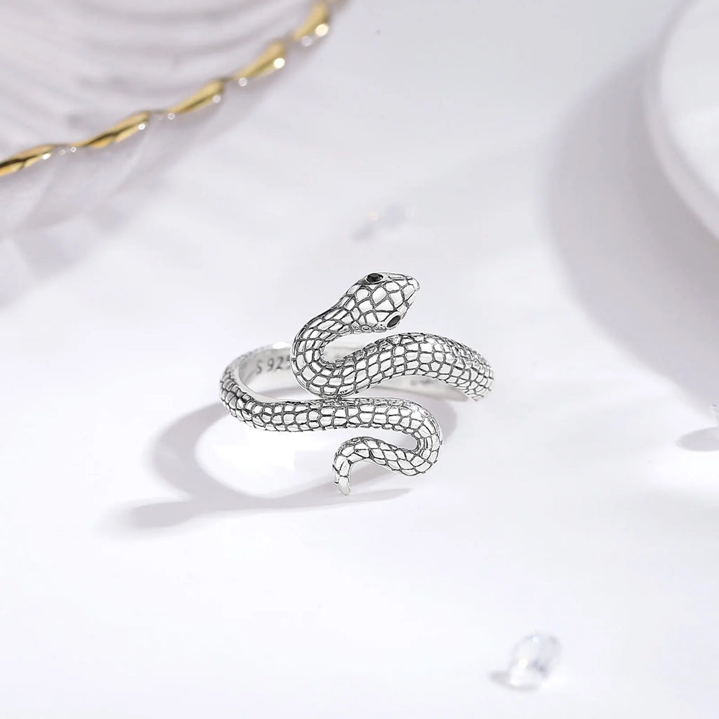 Eudora 925 Sterling Silver Snake Adjustable Ring Black Zircon Retro Textures Cobra Ring Personalized Jewelry Gift for Women Man