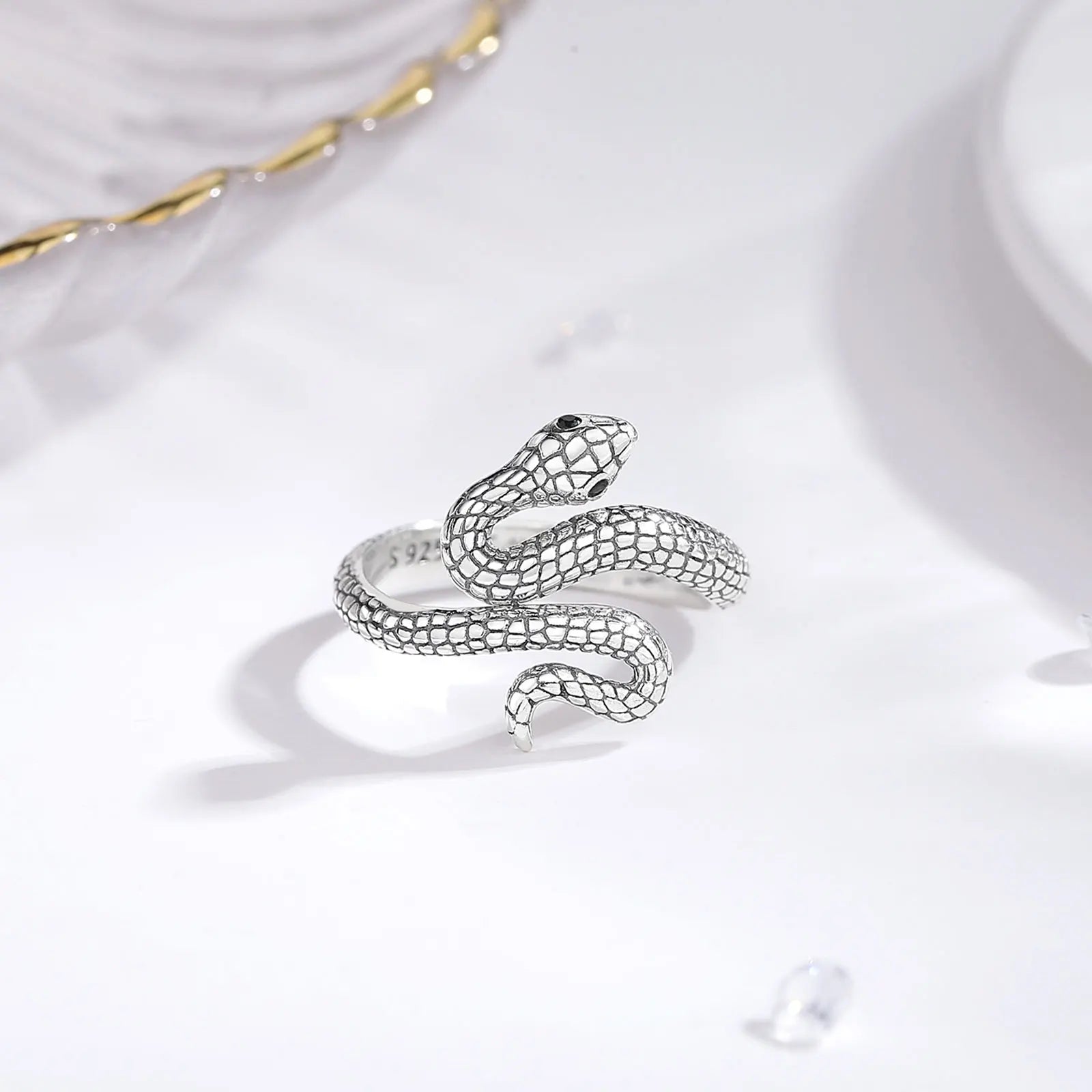 Eudora 925 Sterling Silver Snake Adjustable Ring Black Zircon Retro Textures Cobra Ring Personalized Jewelry Gift for Women Man