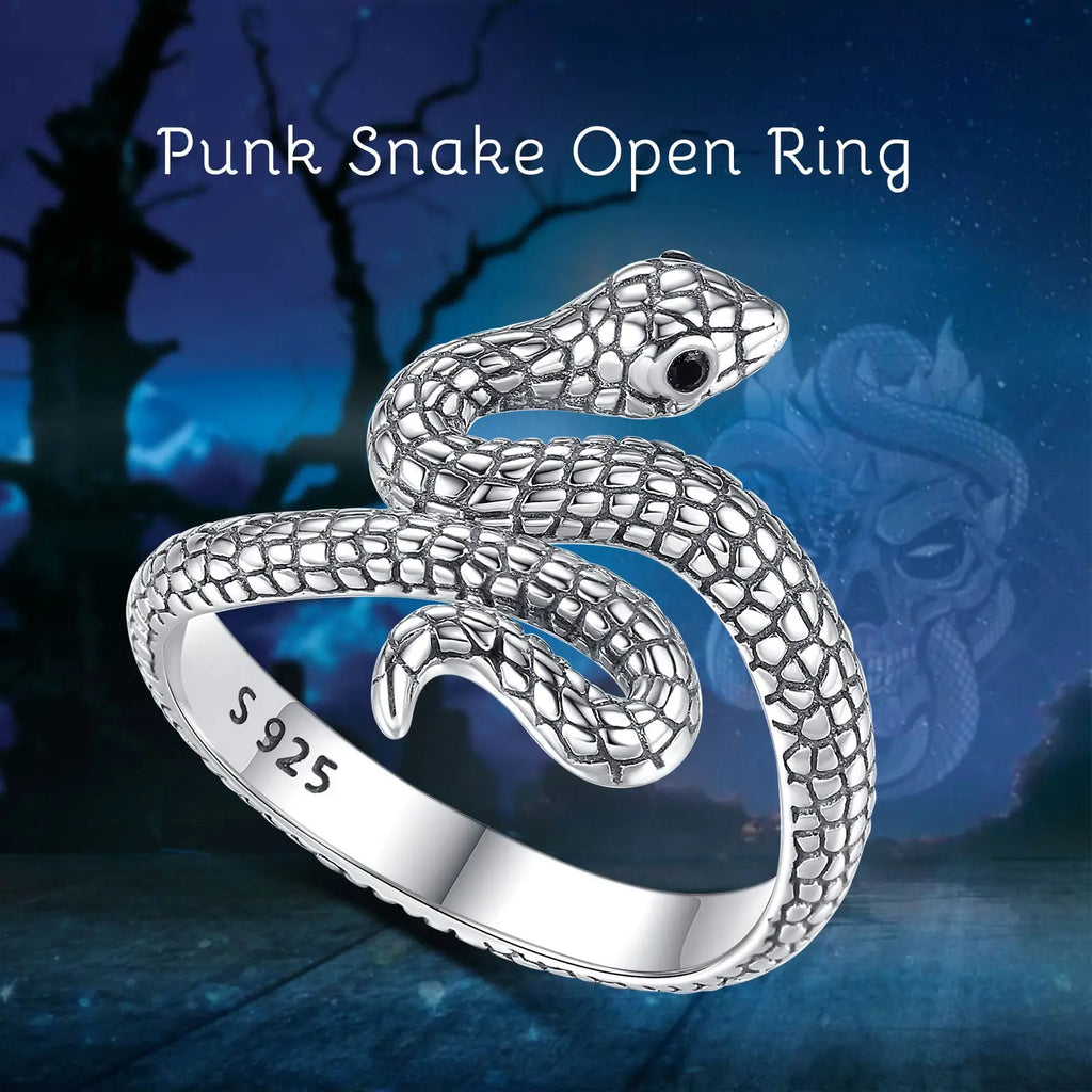 Eudora 925 Sterling Silver Snake Adjustable Ring Black Zircon Retro Textures Cobra Ring Personalized Jewelry Gift for Women Man