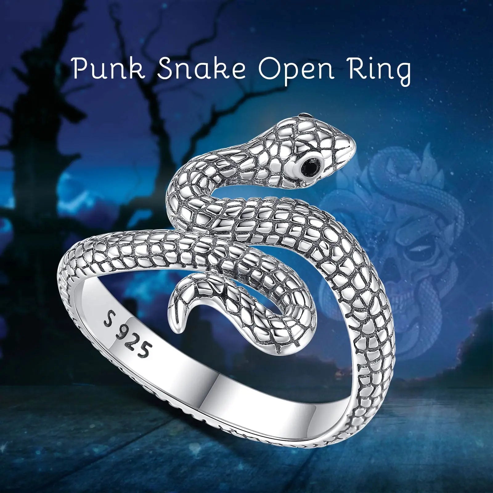 Eudora 925 Sterling Silver Snake Adjustable Ring Black Zircon Retro Textures Cobra Ring Personalized Jewelry Gift for Women Man