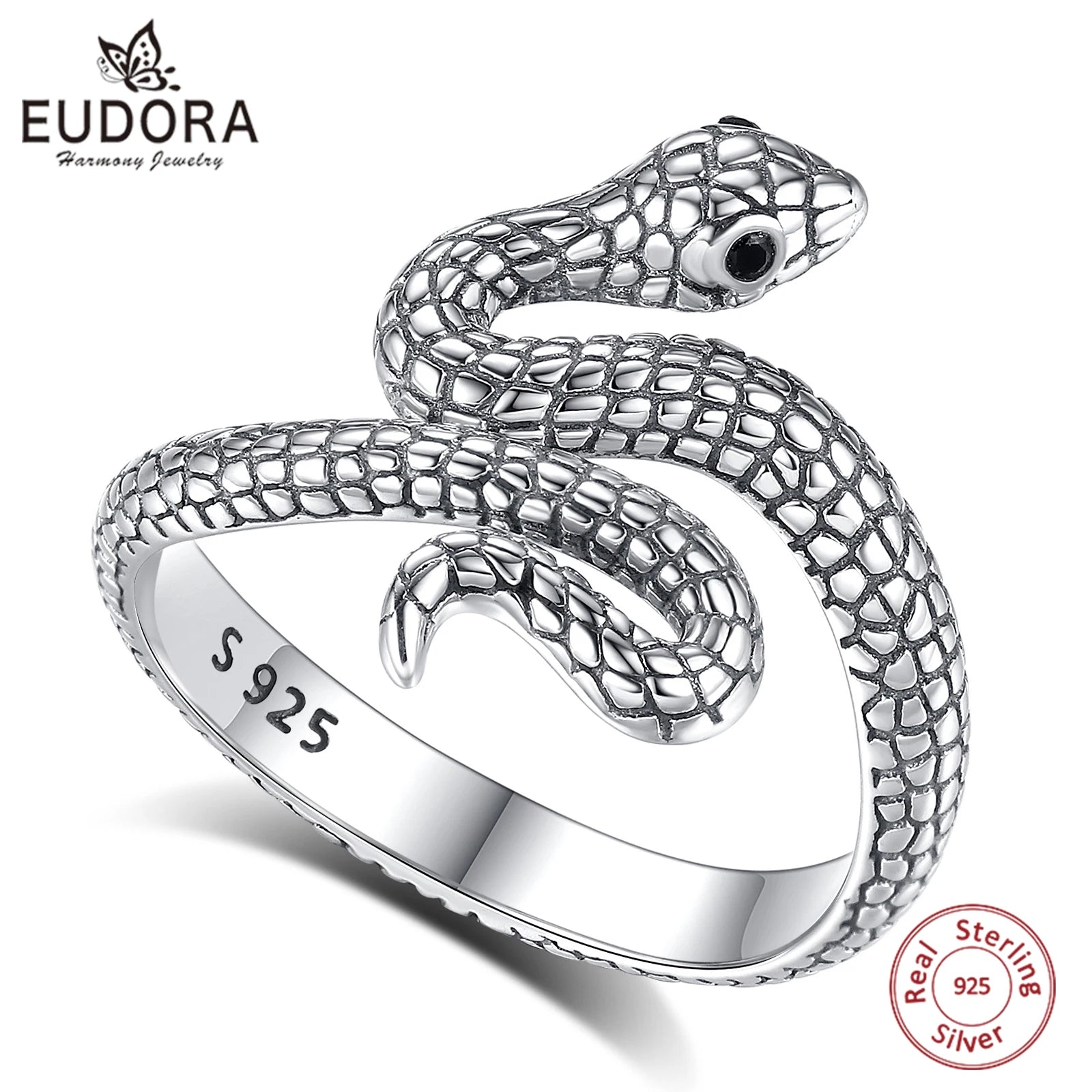 Eudora 925 Sterling Silver Snake Adjustable Ring Black Zircon Retro Textures Cobra Ring Personalized Jewelry Gift for Women Man