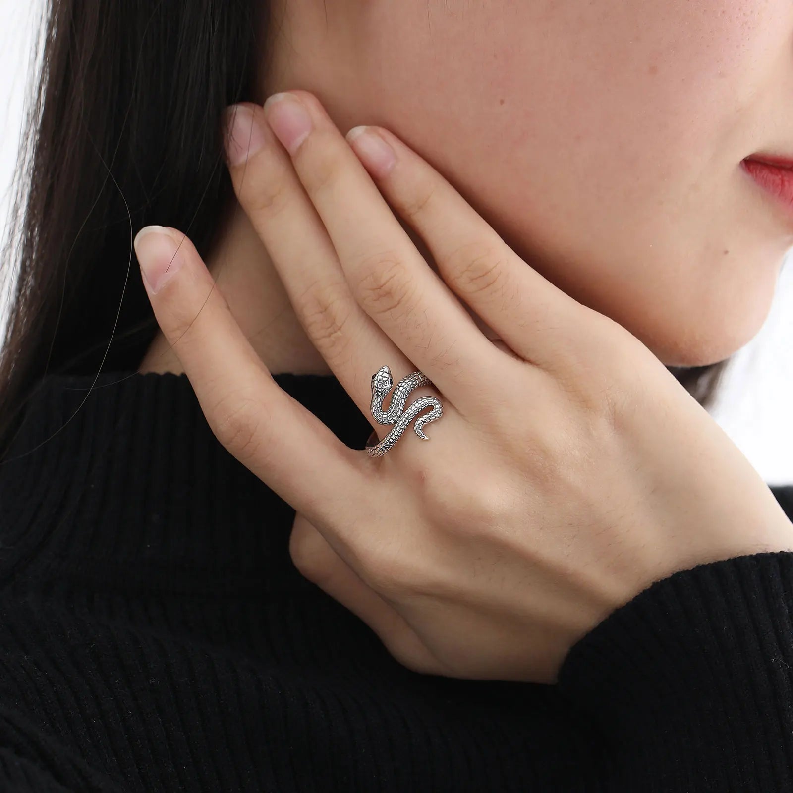 Eudora 925 Sterling Silver Snake Adjustable Ring Black Zircon Retro Textures Cobra Ring Personalized Jewelry Gift for Women Man