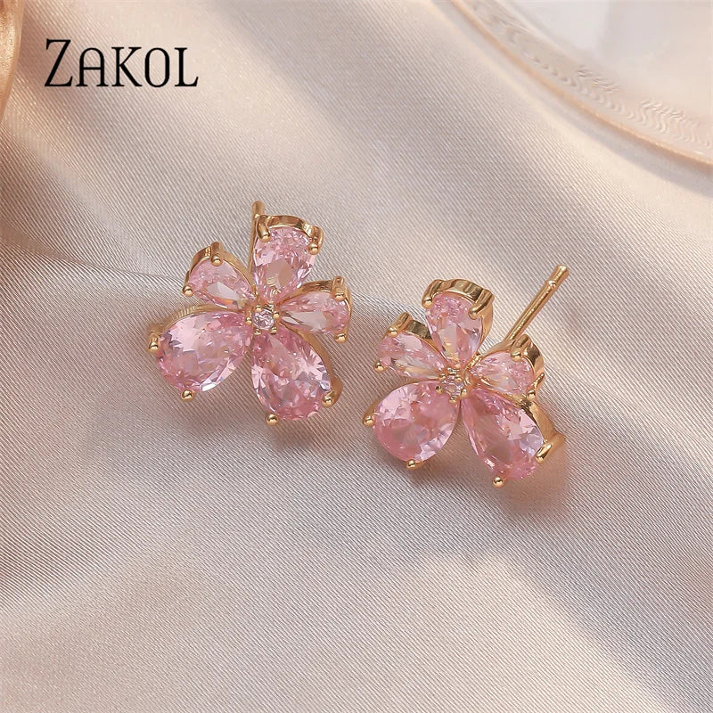 ZAKOL Romantic Pink Cherry Blossoms Stud Earrings for Women Shinny Cubic Zirconia Flower Earring Girls Party Jewelry