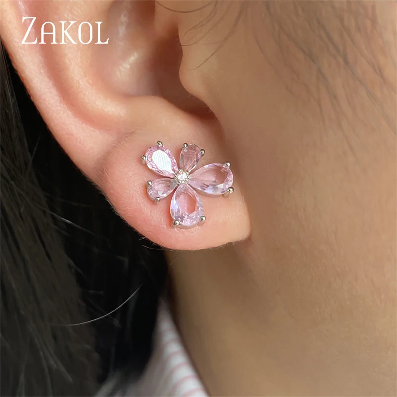 ZAKOL Romantic Pink Cherry Blossoms Stud Earrings for Women Shinny Cubic Zirconia Flower Earring Girls Party Jewelry