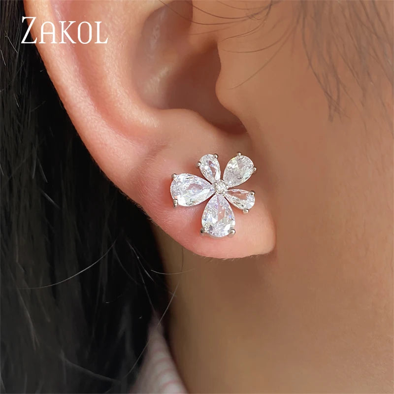 ZAKOL Romantic Pink Cherry Blossoms Stud Earrings for Women Shinny Cubic Zirconia Flower Earring Girls Party Jewelry