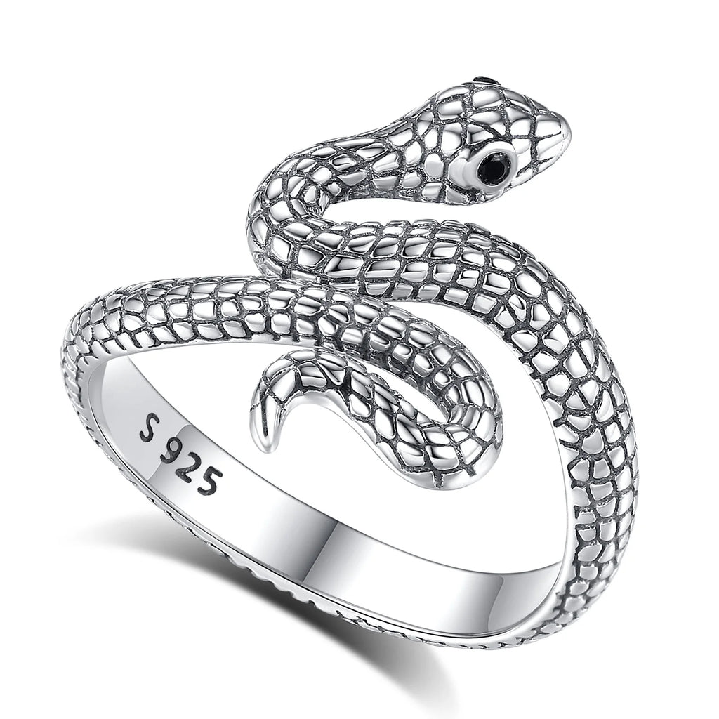 Eudora 925 Sterling Silver Snake Adjustable Ring Black Zircon Retro Textures Cobra Ring Personalized Jewelry Gift for Women Man